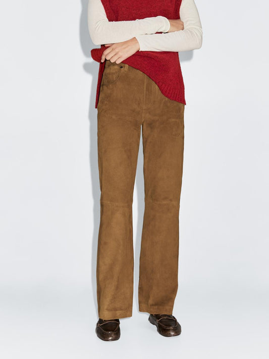 Suede leather straight trousers