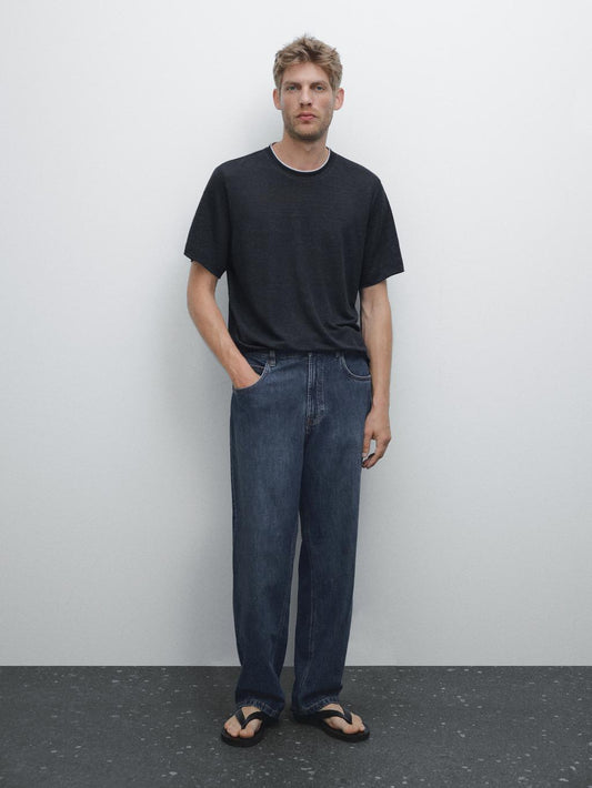 Linen blend contrast knit T-shirt