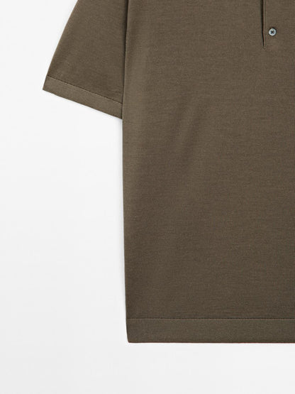 Short sleeve wool blend knit polo shirt