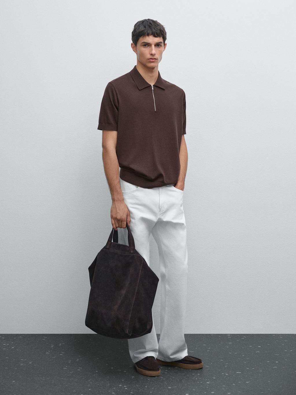 Knit polo shirt with zip collar