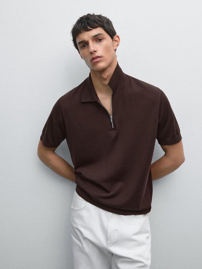 Knit polo shirt with zip collar