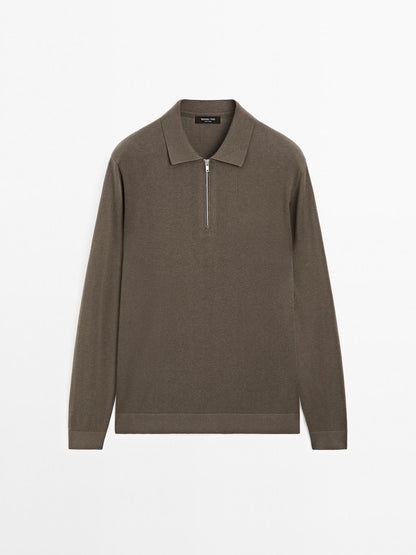 Knit polo sweater with zip