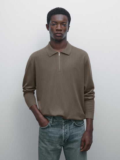 Knit polo sweater with zip