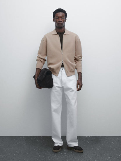 Cotton blend zip-up knit cardigan