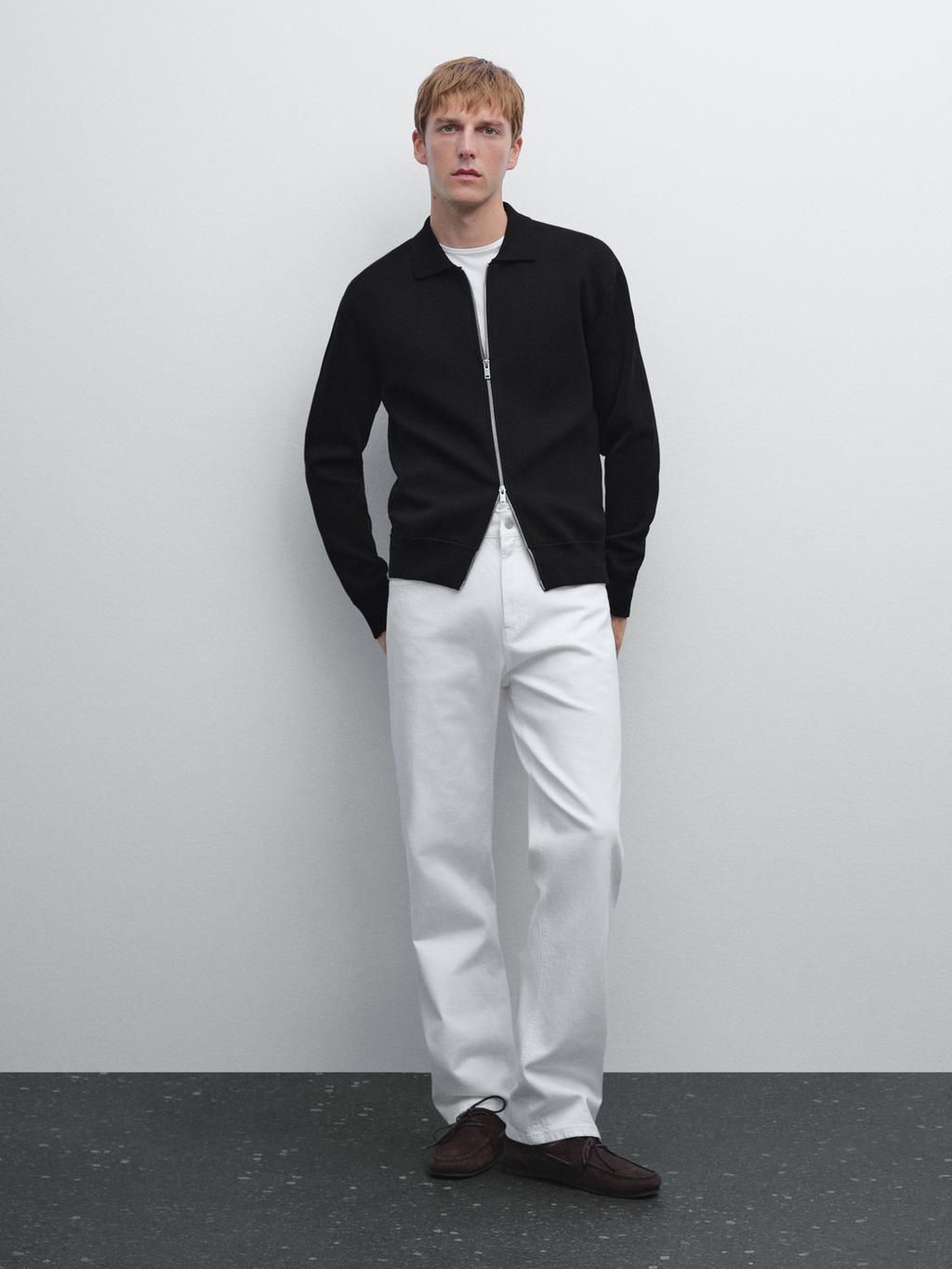 Cotton blend zip-up knit cardigan