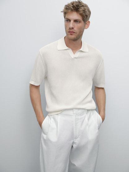 Cutwork V-neck polo shirt