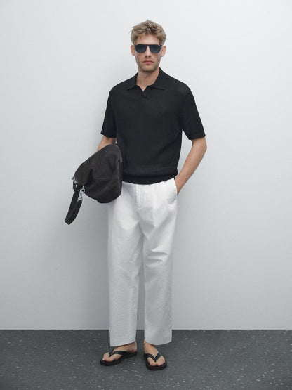 Cutwork V-neck polo shirt