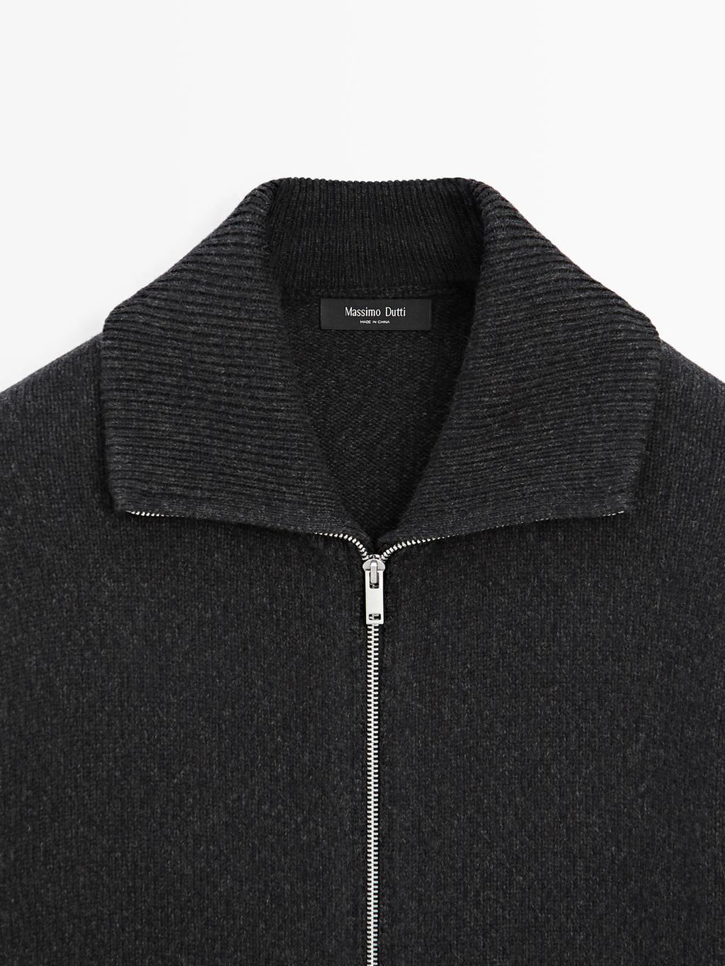 Wool blend high neck knit cardigan