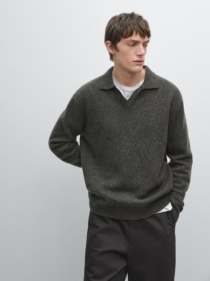 Flecked V-neck knit polo sweater