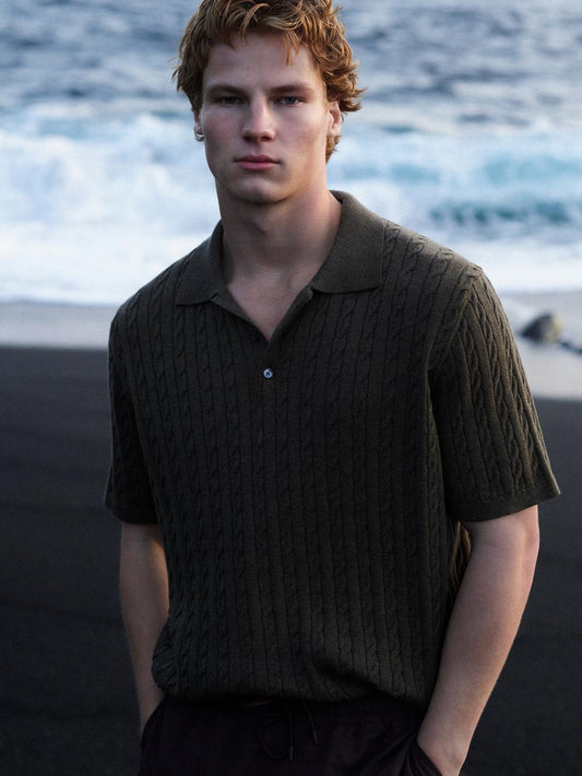 Cable-knit polo shirt