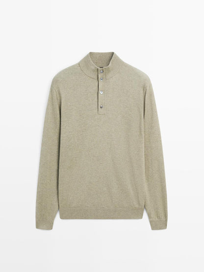 Knit sweater with mock button neck