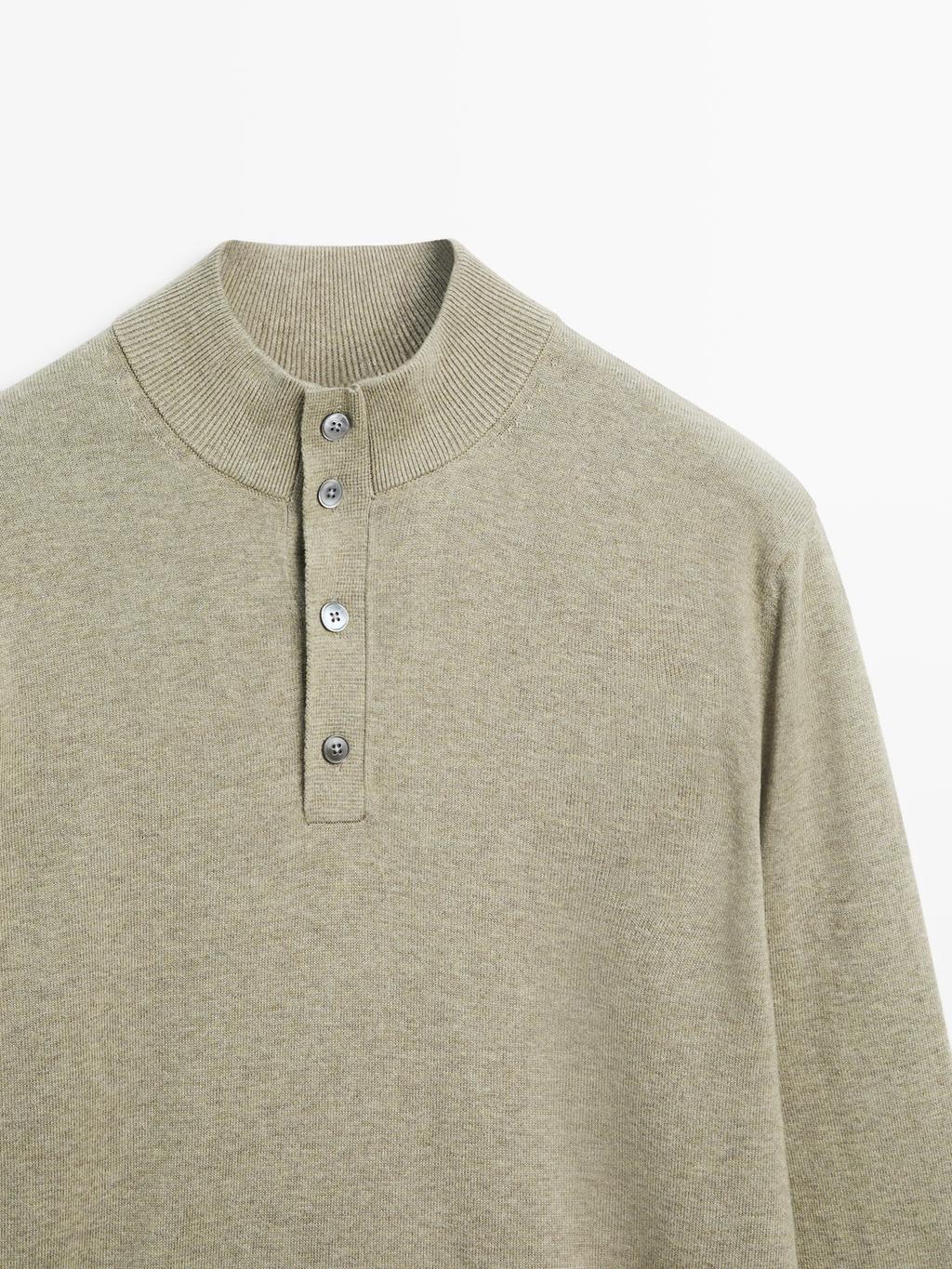 Knit sweater with mock button neck