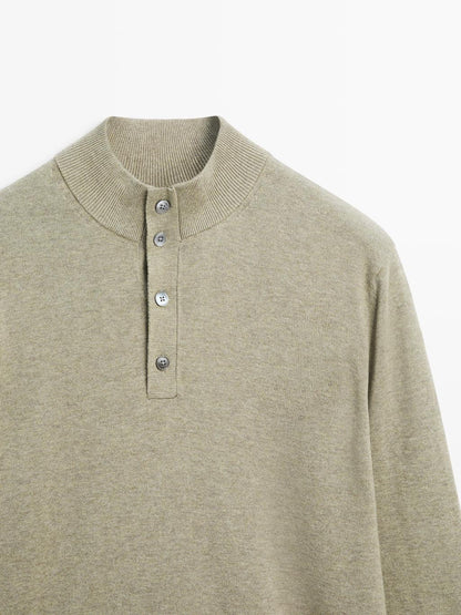 Knit sweater with mock button neck