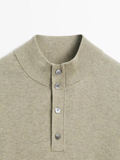 Knit sweater with mock button neck