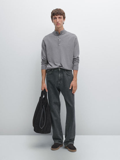 Knit sweater with mock button neck