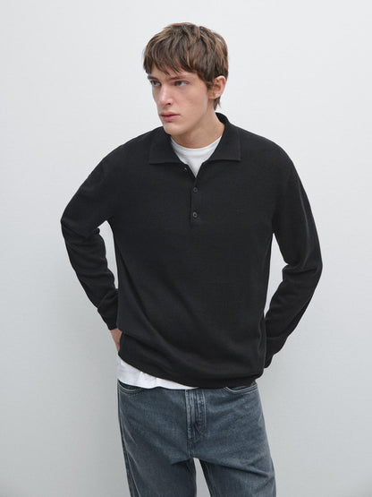 Wool and cotton knit polo sweater