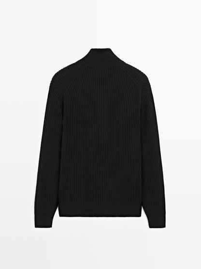 Knit wool blend cardigan with high neck