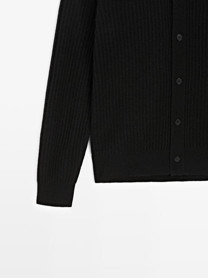 Knit wool blend cardigan with high neck