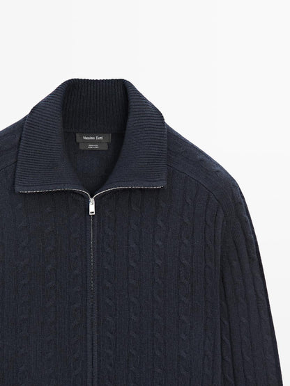 100% wool cable-knit zip-up cardigan