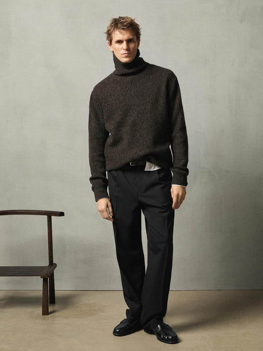 100% wool mouline knit sweater with high neck