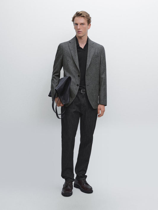 Textured check wool blend blazer