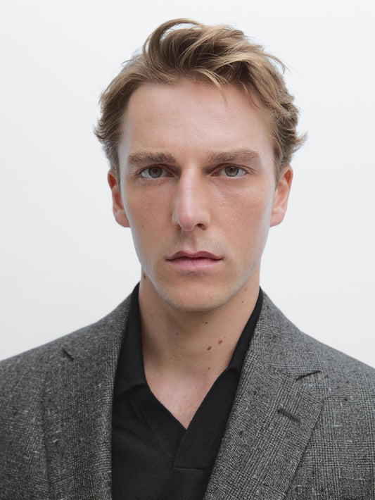 Textured check wool blend blazer