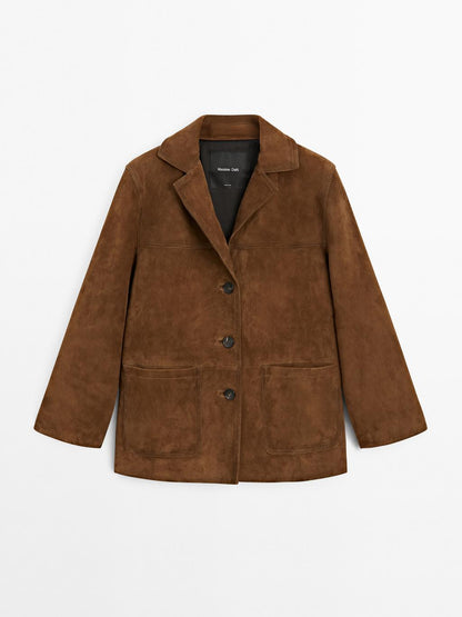Suede leather blazer with topstitching