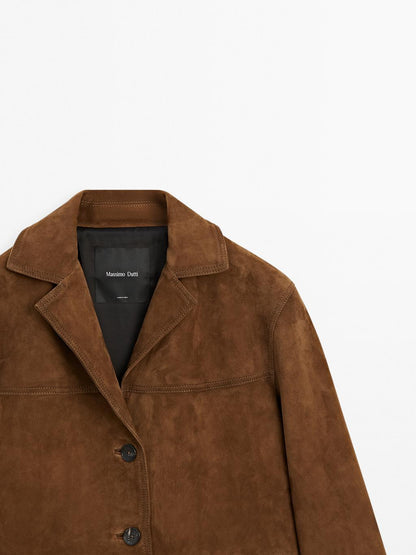 Suede leather blazer with topstitching