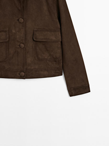 Cropped suede leather-lined jacket with buttons