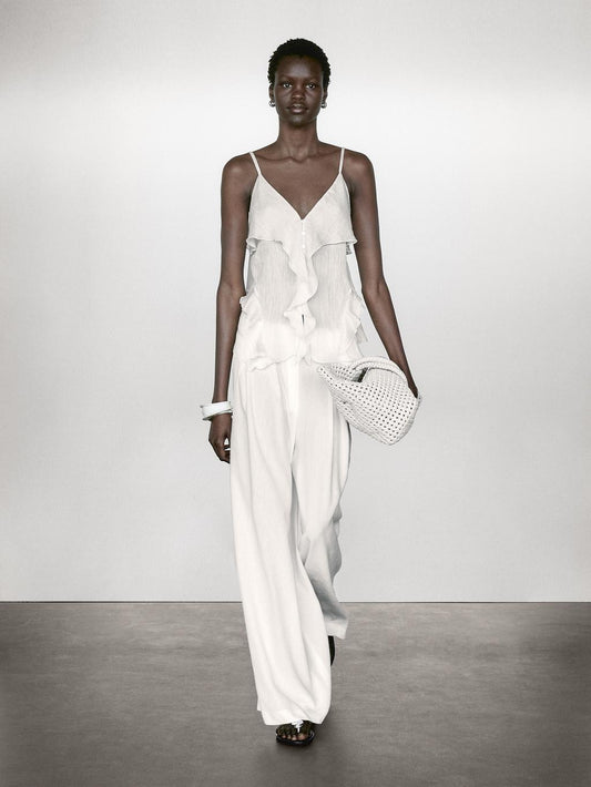 Linen blend darted palazzo trousers