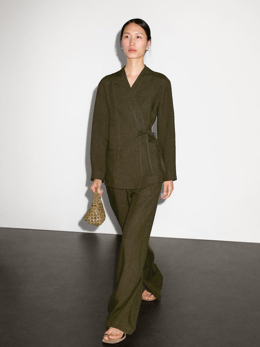 100% linen straight-leg trousers