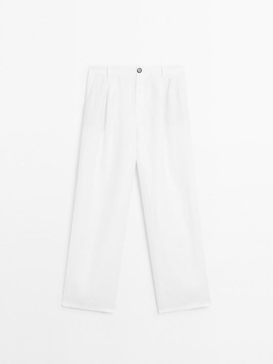 100% linen wide-leg mid-rise trousers