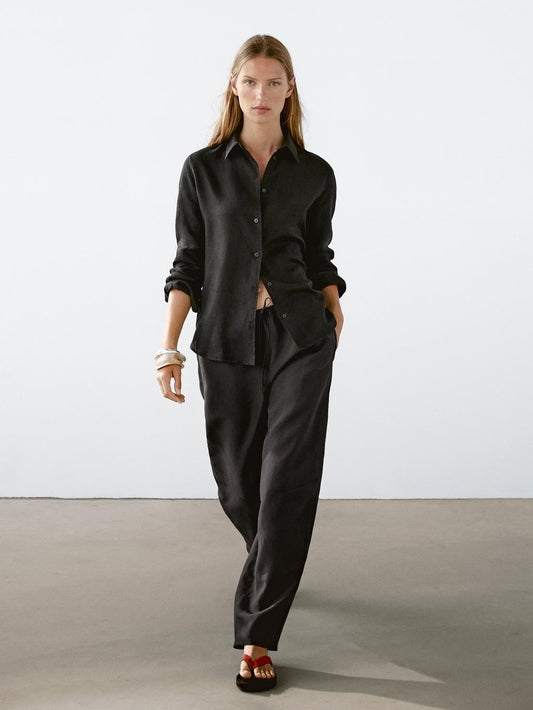 Flowing linen blend barrel fit trousers