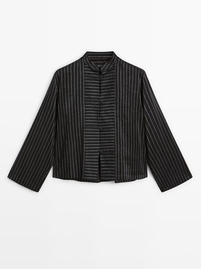 Striped shirt with stand collar and bib detail