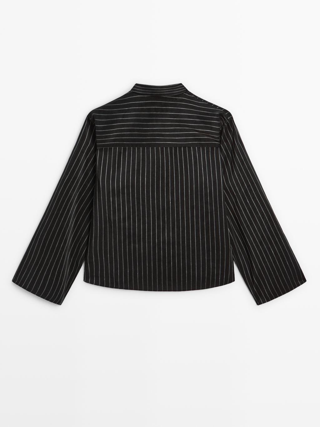 Striped shirt with stand collar and bib detail