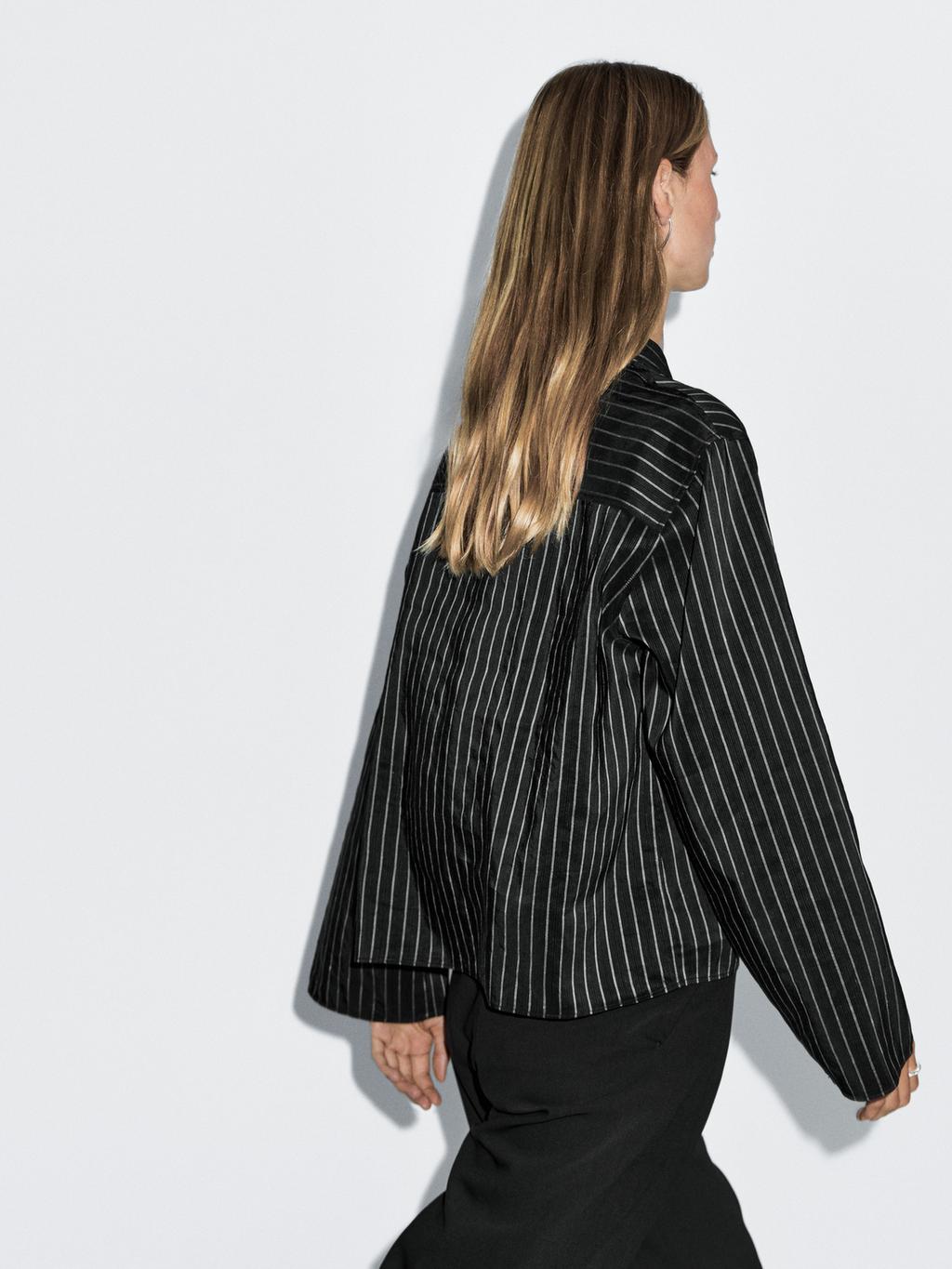 Striped shirt with stand collar and bib detail