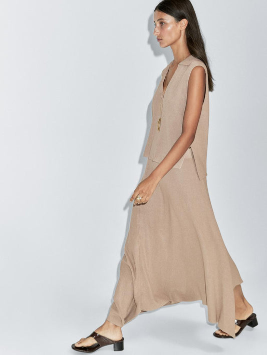 Asymmetric knit midi skirt