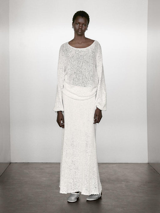 Cotton blend knit midi skirt