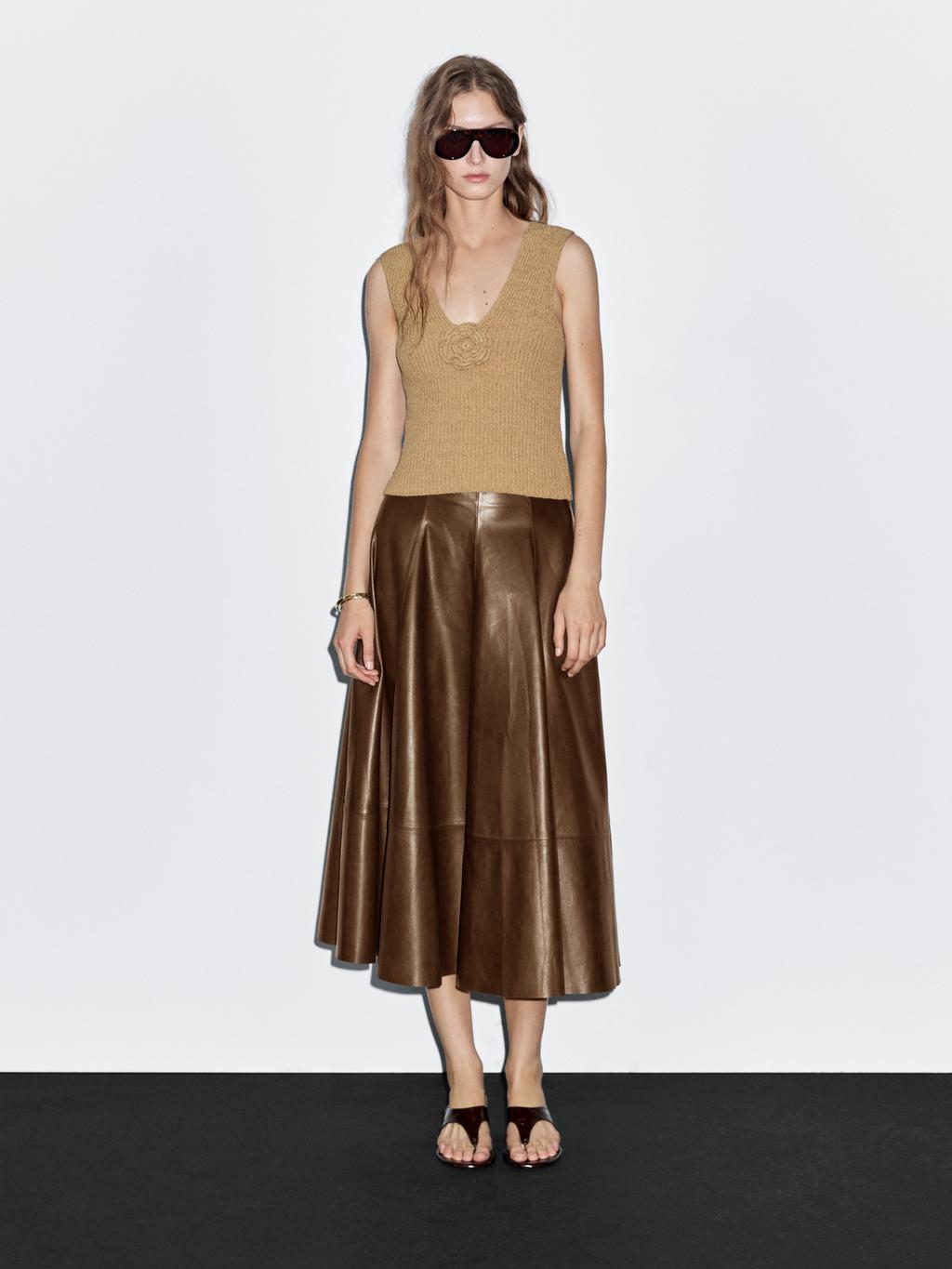 Nappa leather flared midi skirt