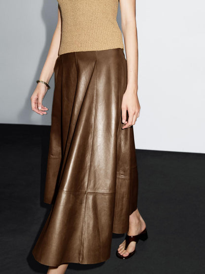 Nappa leather flared midi skirt