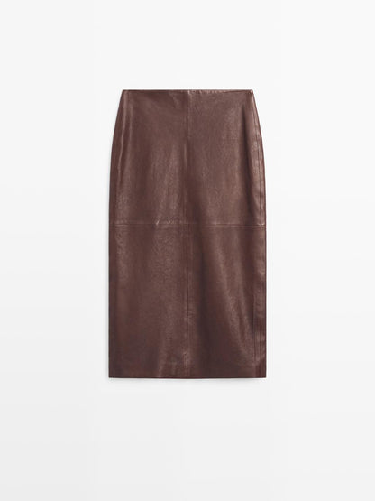 Straight nappa leather midi skirt