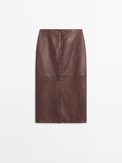 Straight nappa leather midi skirt