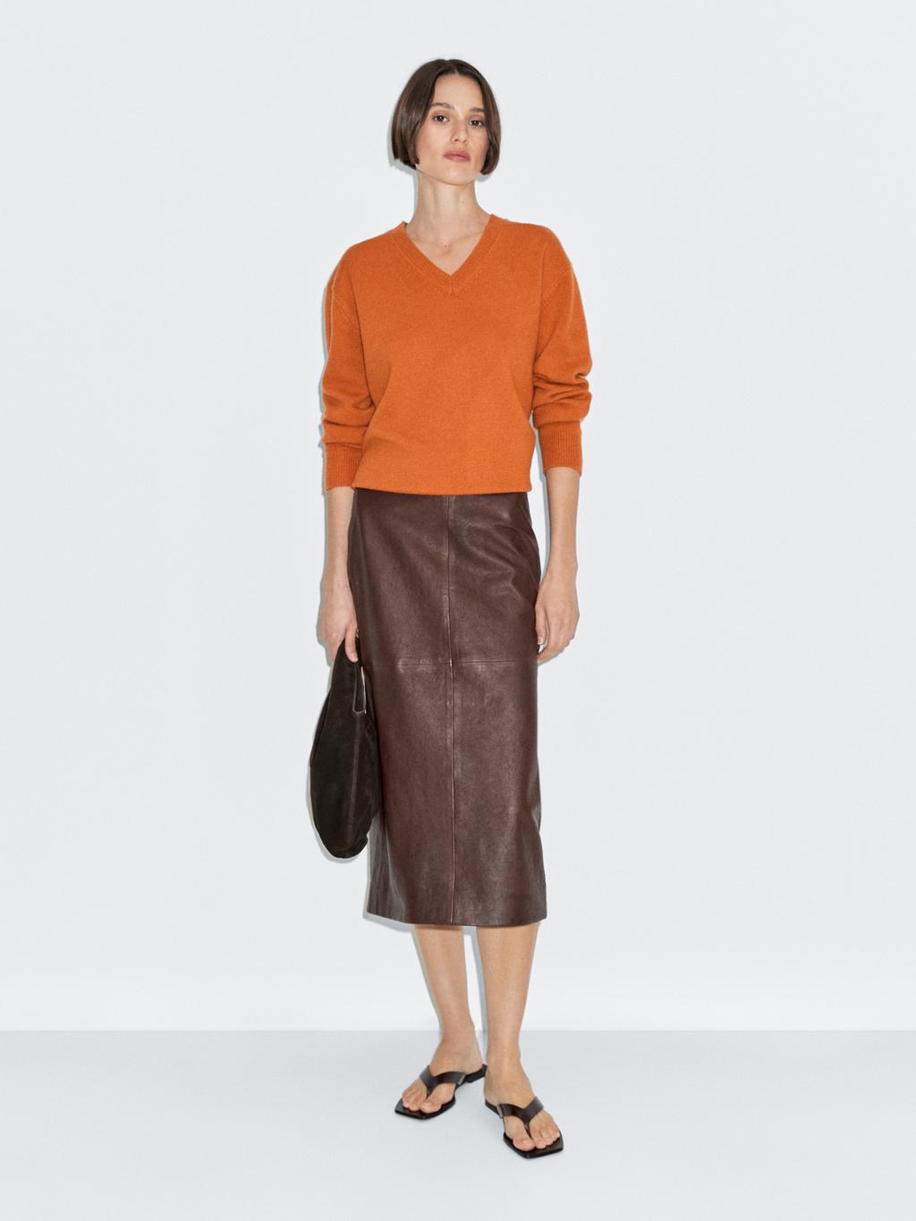 Straight nappa leather midi skirt