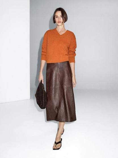 Straight nappa leather midi skirt