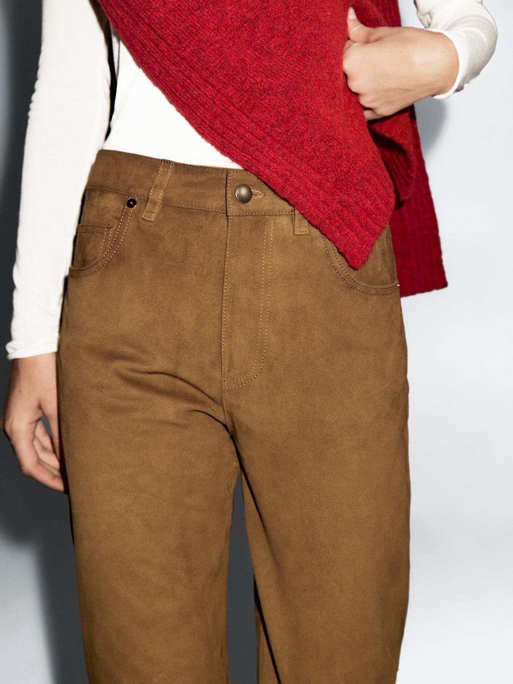 Suede leather straight trousers