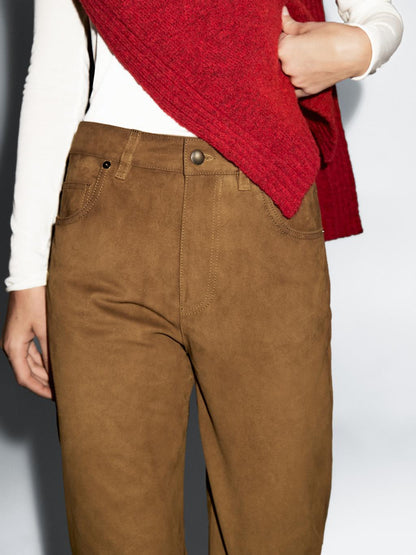 Suede leather straight trousers