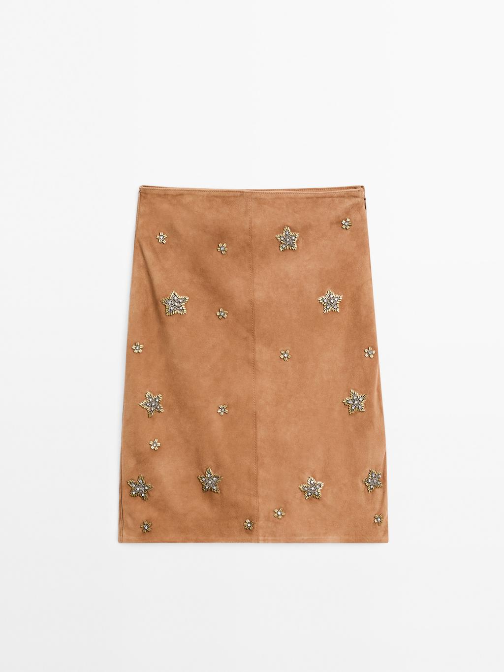 Suede leather skirt with rhinestone detail