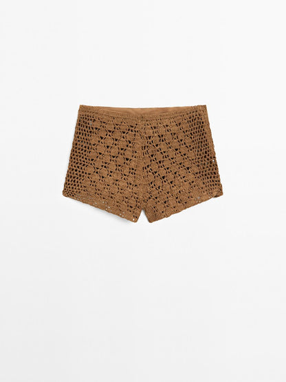 Suede leather crochet shorts