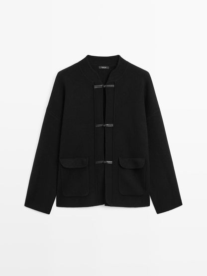 Wool blend knit cardigan with stand collar