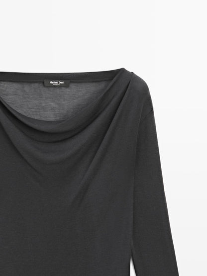 Long sleeve T-shirt with draped neckline